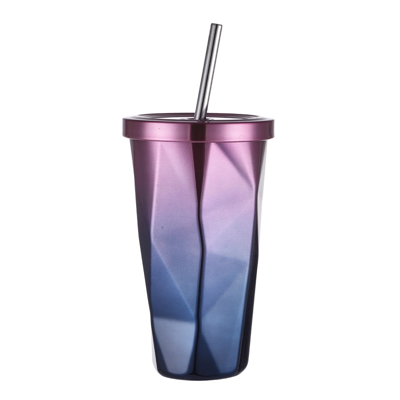 500ml Double Wall Stainless Steel Juice Cup Travel Tumbler with Straw Pipe